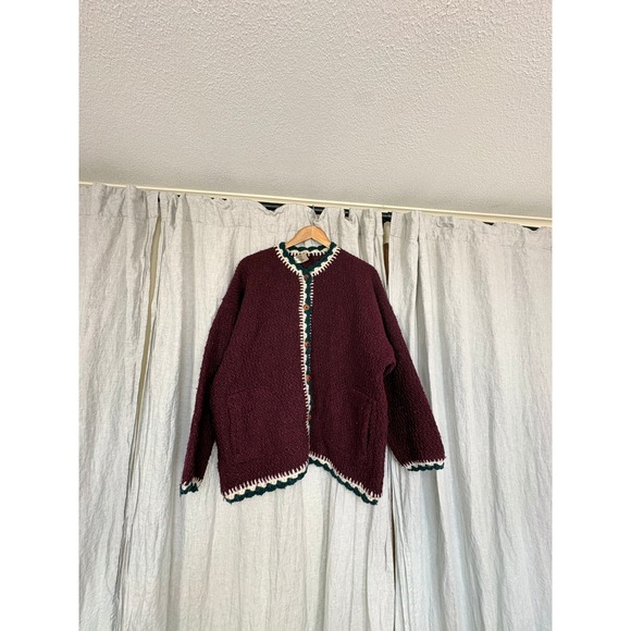 Vintage Sweaters - Vintage Burgundy Chunky Knit Cardigan Crochet Trim Wood Button Sweater XL